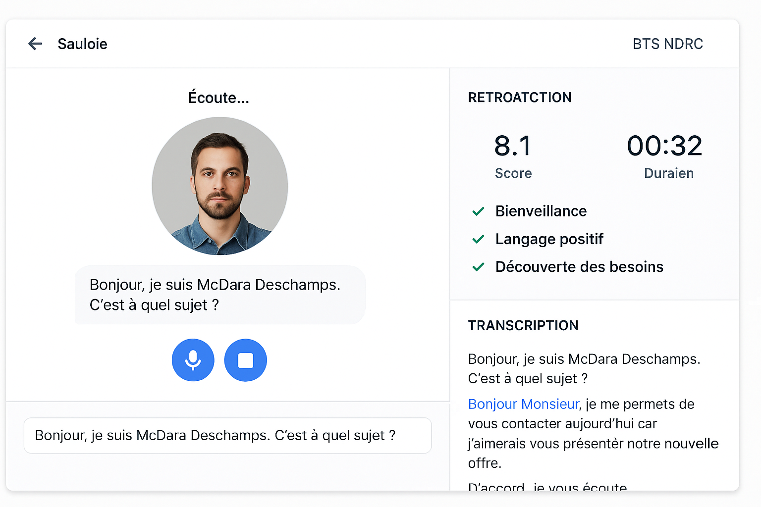 Interface de simulation de vente vocale IA pour les étudiants BTS NDRC