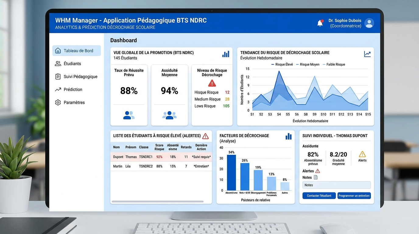 learning analytics prédiction décrochage scolaire WHM Manager NDRC Atelier tableau de bord pédagogique